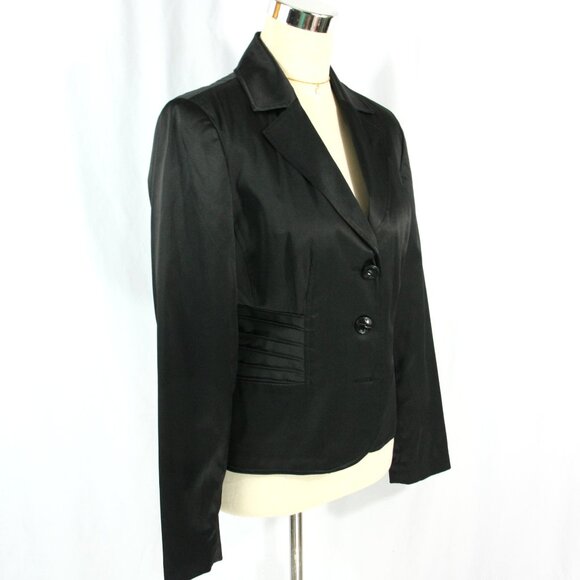 Sharagano Black Satin Notched Collar Blazer Jacket Leopard Print Lining 4 - Picture 2 of 9